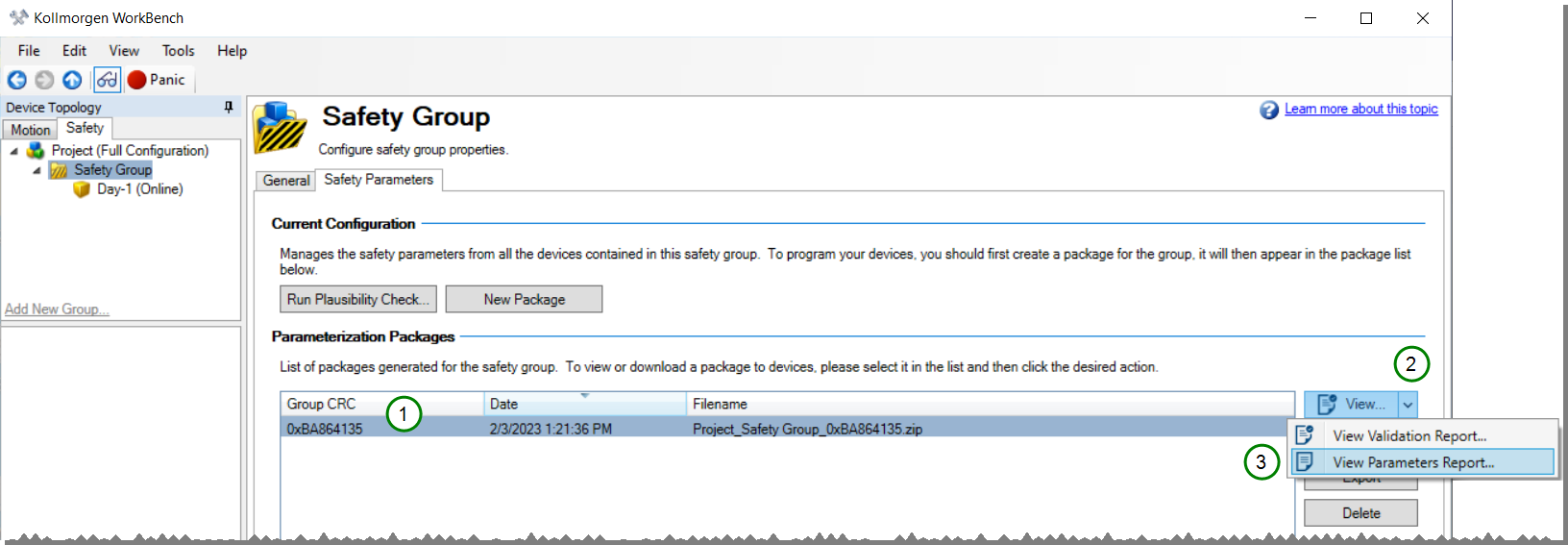 A cropped view ot the Saftey Group tab with callout numbers for where to click to view, edit, or delete a parameterization package
